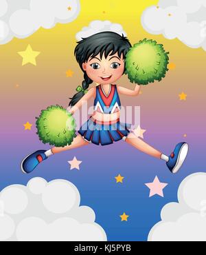 Illustration of a cheerleader jumping with her green pompoms Stock Vector