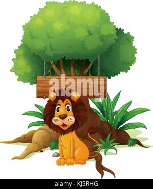 Illustration of a lion in front of an empty wooden signboard on a white background Stock Vector
