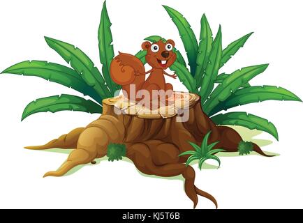 Illustration of a squirrel on a stump with leaves on a white background Stock Vector