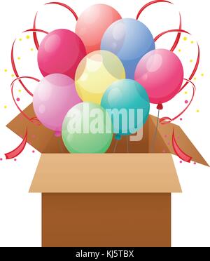 Illustration of a box with eight colorful balloons on a white background Stock Vector