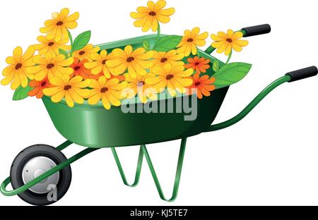 Illustration of a pushcart full of flowers on a white background Stock Vector