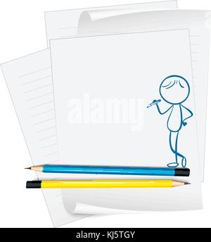 Illustration of a paper with a sketch of a boy with a pencil on a white background Stock Vector