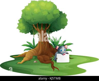 Illustration of a pig holding a signage under the tree on a white background Stock Vector