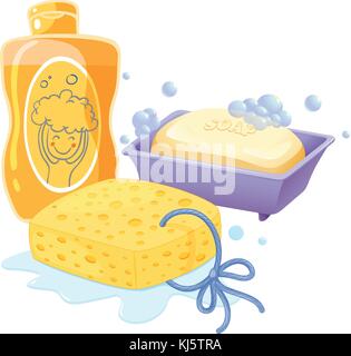 Illustration of a sponge, a soap and a shampoo on a white background Stock Vector
