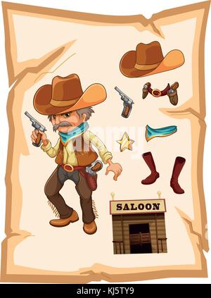 Illustration of a paper with a cowboy holding a gun on a white background Stock Vector