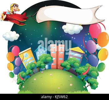 Illustration of a monkey riding in a plane in the city with a banner on a white background Stock Vector