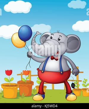Illustration of an elephant holding balloons with pots of flower at the back Stock Vector