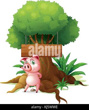 Illustration of a pig standing in front of an empty wooden signboard on a white background Stock Vector