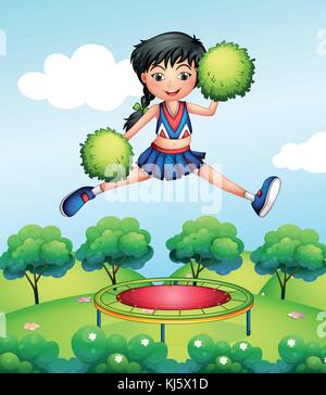 Illustration of a cheerleader jumping with her green pompoms above a trampoline Stock Vector