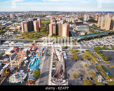 NEW YORK, USA - SEPTEMBER 26, 2017: Coney island amusement park aerial view. Located In southern Brooklyn along the waterfront it is a entertainment h Stock Photo