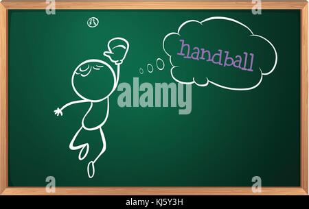 Illustration of a blackboard with a drawing of a boy playing handball on a white background Stock Vector