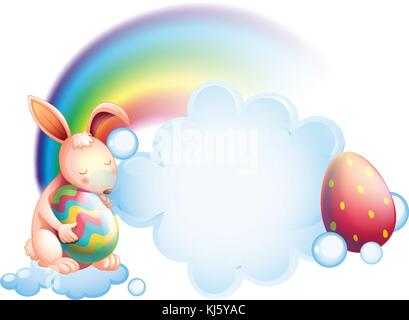 Illustration of a bunny holding an egg while sleeping in front of a rainbow on a white background Stock Vector