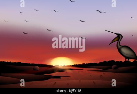 Illustration of a sunset with a flock of birds Stock Vector