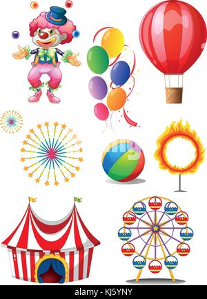 Illustration of a clown playing balls with different circus stuffs on a white background Stock Vector