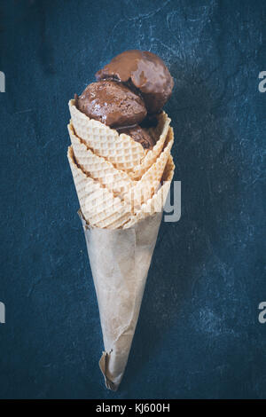 Homemade chocolate ice cream and cone from above,selective focus Stock Photo