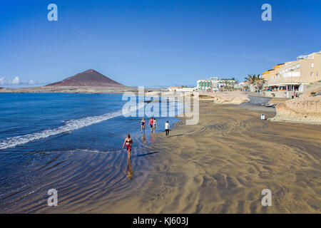 Beach of El Medano and Montana Roja, a popular surfer destination on Tenerife island, Canary islands, Spain Stock Photo