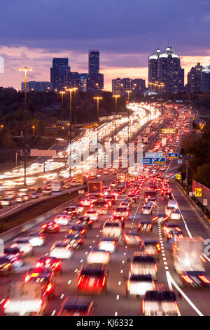 Traffic Congestion along the King's Highway 401 at night in Toronto, Ontario, Canada. Stock Photo