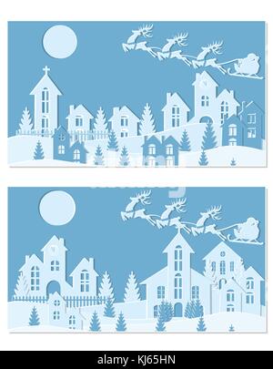 New Year Christmas. An image of Santa Claus and deer. Snow, moon, trees, houses, church. Two landscapes are cut from blue paper. illustration Stock Vector