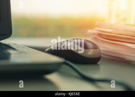 laptop mouse wireless work at office in the morning Stock Photo