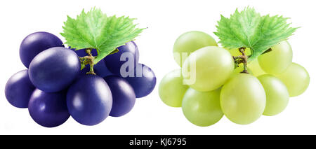 Small branches of blue and white grapes with leaves. Isolated on white background. Clipping Path. Stock Photo