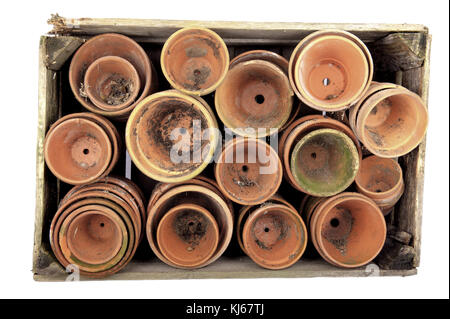 Used flower pots in an old faded crate Stock Photo