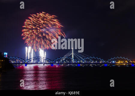 fireworks on Independence Day in Riga, Latvia, on 18th of November 2017 Stock Photo