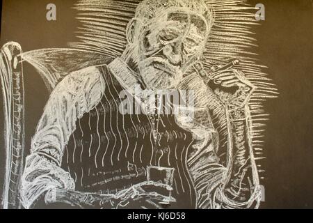 White chalk drawing on blackboard of old man with whisky glass and cigar Stock Photo