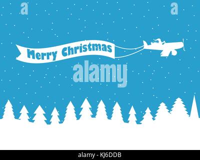 Santa Claus on a plane with a ribbon. Winter background with falling snow. White contour of Christmas trees. Vector illustration Stock Vector