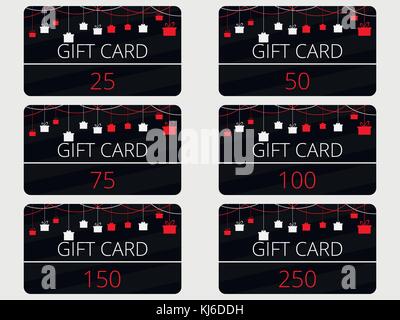 Gift cards with hanging gift boxes. Red and black color. Vector illustration Stock Vector
