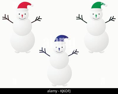 Snowman in Santa Claus hat set. Buttons instead of eyes, branches instead of hands. Vector Illustration Stock Vector