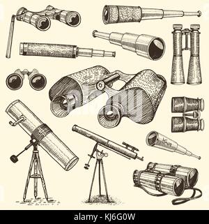 Binocular set monocular vintage, engraved hand drawn in sketch or wood cut style, old looking retro scinetific instrument for exploring and discovering. Stock Vector