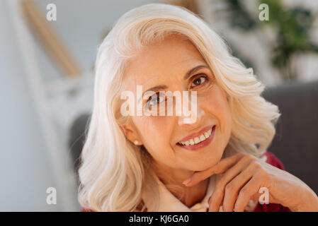 Close up portrait of extremely happy senior lady Stock Photo