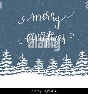 Freehand Merry Christmas Vector Illustration White Fir Trees in Forest Snowfall Lettering. Navy Blue Background. New Year Greeting Card Poster Banner Stock Vector