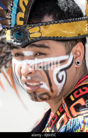 March 4, 2016, San Miguel de Allende, Mexico: indigenous man with painted face at  the Senior de la Conquista celebration Stock Photo