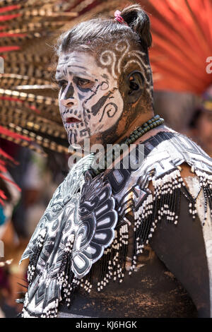 March 4, 2016, San Miguel de Allende, Mexico: indigenous dancer with painted face at  the Senior de la Conquista celebration Stock Photo