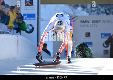 Skeleton riders at the World Cup event at the Olympic Park in Park City Utah. Stock Photo