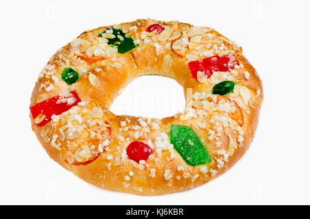 King cake or Roscon de Reyes on white background. Spanish typical dessert of Epiphany Stock Photo