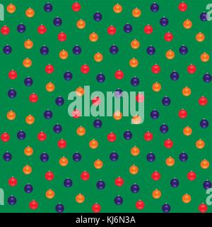 Blue, red, orange Christmas balls on a green background. Seamless vector pattern. Stock Vector