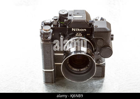 Nikon F2 camera with motor drive, photomic head and automatic aperture control. 1970's professional camera. Stock Photo