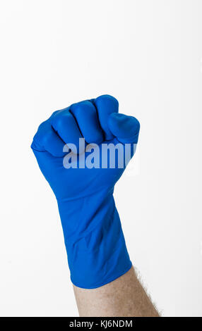 Blue Glove Gloved Hand Making Fist Stock Photo