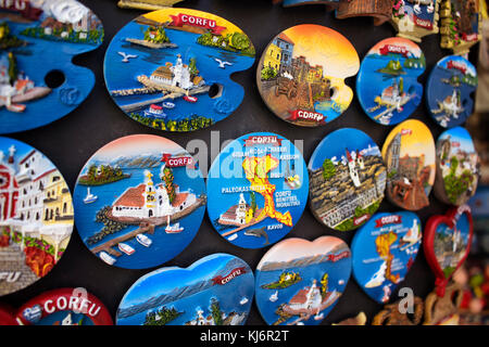 View of souvenirs of Corfu (Kerkyra). It's an island of Greece’s northwest coast in the Ionian Sea. Cultural heritage reflects years spent under Venet Stock Photo