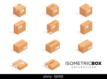 Vector isometric cardboard boxes. Box cardboard, box package, box packaging, box icon, box isolated illustration Stock Vector