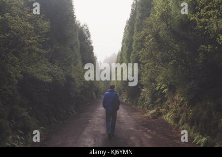 A man walking on dirt path through a foggy green forest Stock Photo
