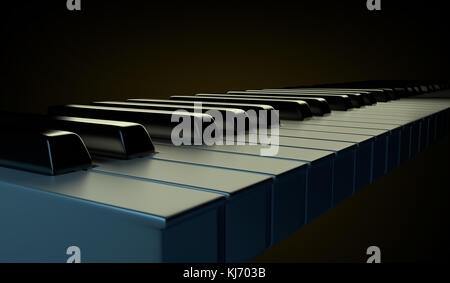 Piano keyboard isolated on the dark background shining by orange and blue art lights. Glossy close up detail. Stock Photo