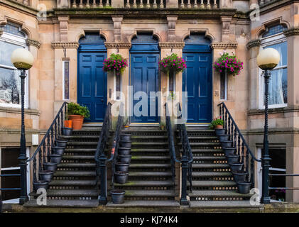 Ornate stairs leading to beautiful apartment buildings on Queens Drive in Queens Park district of Glasgow, Scotland, United Kingdom Stock Photo