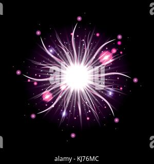 fireworks bursting in glowing white and purple flashes on black background Stock Vector