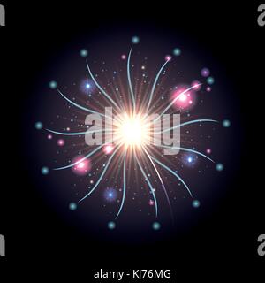 fireworks bursting in glowing white and blue flashes on black background Stock Vector