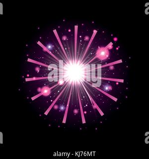 fireworks bursting in glowing white and magenta flashes on black background Stock Vector