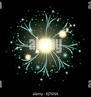 fireworks bursting in glowing white and light green flashes on black background Stock Vector