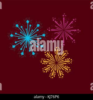 fireworks bursting in glowing multi colours on dark red background Stock Vector
